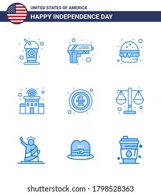 Happy Independence Day 4. Juli Set von 9 Blues American Pictograph of bird; Polizeizeichen; Hamburger; Bahnhof; Gebäude Bearbeitbare Vectordesign-Elemente des USA-Tages