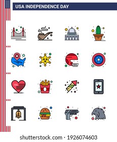 Happy Independence Day 4th July Set of 16 Flat Filled Lines American Pictograph of states; pot; capitol; plant; cactus Editable USA Day Vector Design Elements