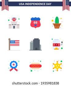 Happy Independence Day 4th July Set of 9 Flats American Pictograph of office; usa; cactus; united; flag Editable USA Day Vector Design Elements