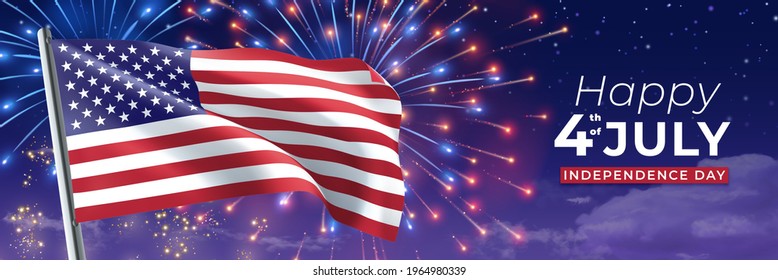 Happy Independence day. 4th of July celebration banner with American flag on fireworks background