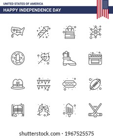 Happy Independence Day 4th July Set of 16 Lines American Pictograph of bird; police sign; bag; star; men Editable USA Day Vector Design Elements