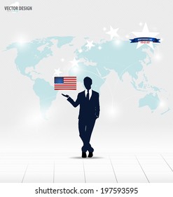 Happy independence day, 4th of July. Businessman showing American Flag. Vector illustration.