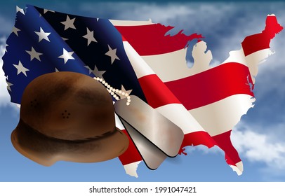 Happy Independence Day, 4th of July greeting card with American flags and confetti stars on blue background. Happy July Fourth concept.