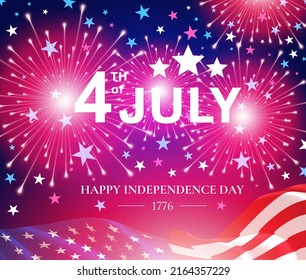 Happy Independence Day, 4th of July US national holiday. Festive greeting card, invitation with fireworks in USA flag colors. Web banner. Vector illustration background