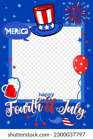 Feliz Día de la Independencia - apoyo a la cabina de fotos del 4 de julio. Fotografía de la fiesta de UsA con sombrero y confeti. Feliz cuarto de julio.