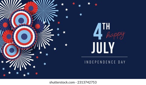 Happy Independence day, 4th July national holiday. Festive greeting card, invitation. Fireworks, party bunting decorations. USA flag colors. Blue vector illustration background, web banner. Memorial