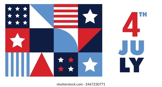 Happy Independence day, 4th July holiday. Modern geometric greeting card, invitation. Abstract design. Stars, stripes, USA flag colors. Vector illustration background, web banner. Memorial, labor day.