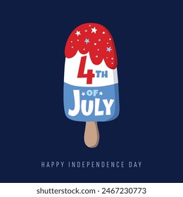 Happy Independence day, 4th July national holiday. Festive greeting card, invitation. Hand drawn popsicle with stars, USA flag colors. Blue background. Vector illustration, web banner. Memorial, labor
