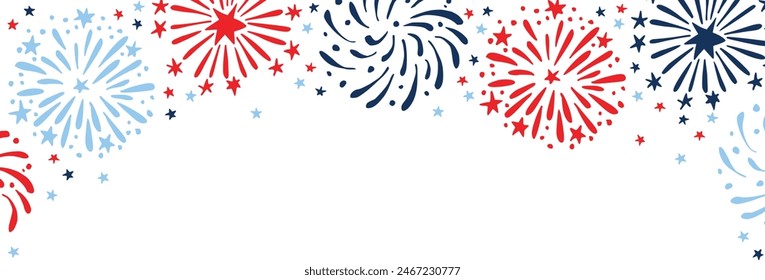 Happy Independence day, 4th July national holiday. Festive greeting card, invitation. Hand drawn fireworks, USA flag colors isolated on background. Vector illustration, web banner. Memorial, labor day