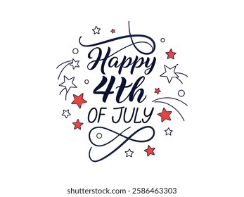 Happy Independence Day 4th of July Typography Lettering with Patriotic Elements and Handwritten Style