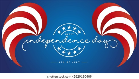 Happy Independence Day 4th of July banner. USA abstract swirl red white flag ribbon wings with white handwritten calligraphy and stars on blue background