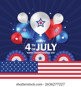 Happy Independence Day. 4th of July background for celebration with Glossy balloons, paper fans and stars