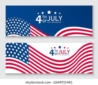 Happy independence day 4th of July USA day banner, poster, cover, waving with cityscape background with flag. 4th of July banner, greeting card. Vector illustration for ads promo, web, post	