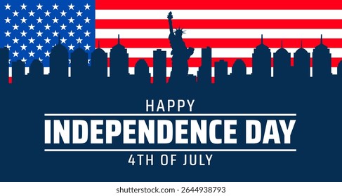 Happy Independence Day 4th of July background or banner design. American Flag Background with City Skyline Silhouette and Statue of Liberty, Celebrating Freedom.