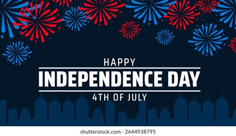 Happy Independence Day 4th of July background or banner design. Red and Blue Fireworks Over City Skyline on Dark Blue Background, Celebrating US Holiday.