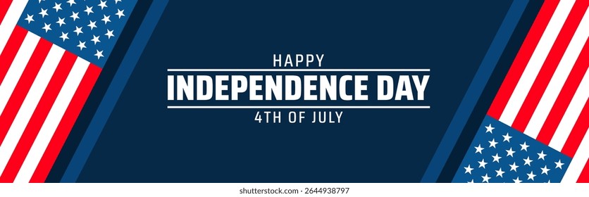 Happy Independence Day 4th of July horizontal background or banner design. Two American Flags on Dark Blue Background, Celebrating US National Holiday.
