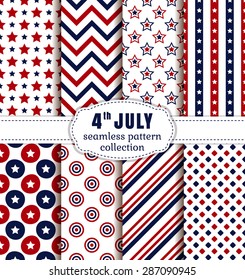 Happy Independence Day! 4th of July. Set of American backgrounds. Collection of seamless patterns in traditional red, blue and white colors. Vector illustration.
