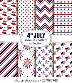 Happy Independence Day! 4th of July. Set of American backgrounds. Collection of seamless patterns in traditional red, blue and white colors. Vector illustration.
