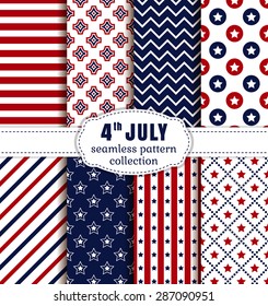 Happy Independence Day! 4th of July. Set of American backgrounds. Collection of seamless patterns in traditional red, blue and white colors. Vector illustration.
