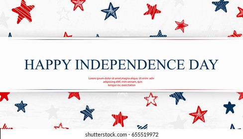 Happy Independence Day 4th july. Template background with USA falling confetti hand drawn red, white, blue stars for greeting cards, posters, banner, leaflets, brochure. Vector illustration.