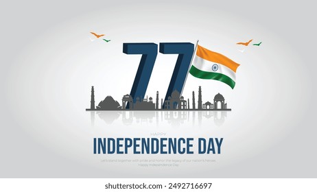 Feliz Día de la Independencia 77° Plantilla de medios sociales y volantes de India. 15 de agosto - Tarjeta de felicitación con texto para la celebración del Día de la Independencia de India. Bandera tricolor.