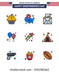 Happy Independence Day 9 Flatful Lines Icon Pack für Web- und Print-Party; feiern; Anbringungsstift; Ballons; Einladung Bearbeitbar für die Vectordesign-Elemente des USA-Tages