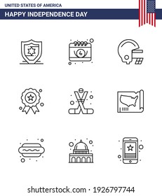 Paquete de iconos de Happy Independence Day 9 Lines para Web y Print American; hockey sobre hielo; fútbol; hockey; Día de la Independencia Editable USA Day Vector Design Elements