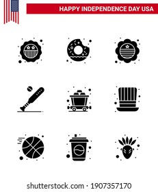 Happy Independence Day 9 Solid Glyphs Icon Pack for Web and Print cart; sports; country; bat; ball Editable USA Day Vector Design Elements