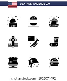 Happy Independence Day 9 Solid Glyphs Icon Pack for Web and Print laud; flag; usa; church; american Editable USA Day Vector Design Elements