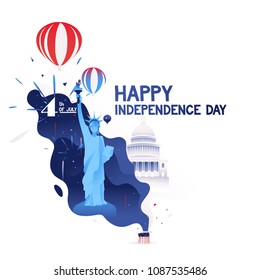 happy independence day of America. 4th of july independence day of USA.Hot air balloon, the White house, firework, stars and The Statue of Liberty  sings of independent United States of America