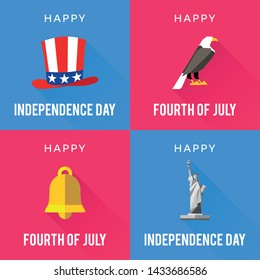 Happy independence day of America, flat design, greeting card, flag, hat, eagle, bell, liberty, red, blue background, vector illustration.