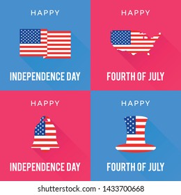 Happy independence day of America, flat design, greeting card, flag, map, bell, hat, star, stripes, red, blue background, vector illustration.