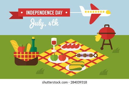 Happy Independence Day of America, invitation template, BBQ party summer picnic. 4th of july. Vector illustration.