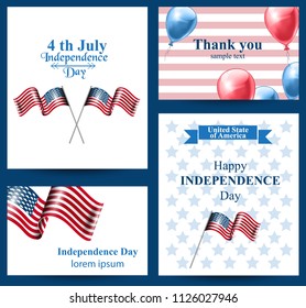 Happy Independence day american flag Vector cards. 4th of july postcard set