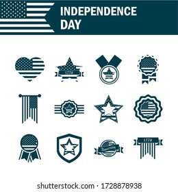 happy independence day, american flag national freedom patriotism icons set vector illustration silhouette style