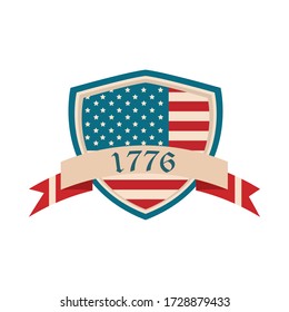 happy independence day, american flag shield ribbon celebration vector illustration flat style icon