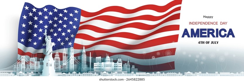 Feliz dia da independência de americano em fundo de bandeira nacional com arquitetura de marcos da viagem dos Estados Unidos em manhattan e São Francisco, em arte de papel, estilo de corte de papel. Celebração do aniversário