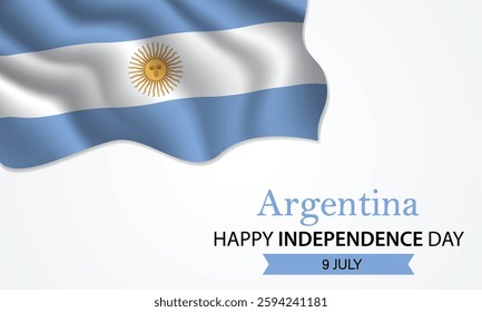 Happy Independence Day Argentina. July 9th. Celebrating Argentina Freedom, National Pride, and Heritage. Waving Argentine flag and lettering text design. Vector illustration.