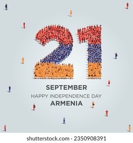 Feliz Día de la Independencia Armenia. Un gran grupo de personas se forman para crear el número 21 mientras Armenia celebra su Día de la Independencia el 21 de setiembre. Ilustración vectorial.