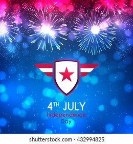Happy Independence Day backdrop. Color banner with fireworks and lights on the blue background. American Independence Day celebration banner with effect bokeh. Vector illustration.