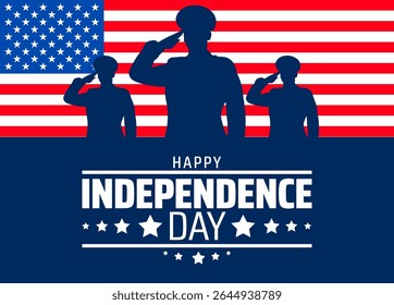 Happy Independence Day background or banner design. Three Saluting Military Silhouettes Against American Flag Background, Honoring Freedom.