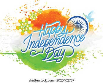Happy Independence Day background design with tricolor flowers and pigeon  and Ashoka Wheel.