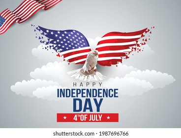 happy Independence Day background with pigeon and USA flag. Fourth of July celebration banner, poster, flyer, greeting card design. Memorial Day. stylish text. Vector illustration.