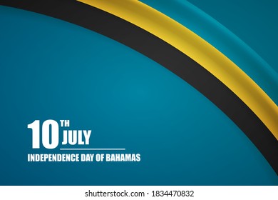 Happy independence day of Bahamas country with tricolor curve flag and typography background