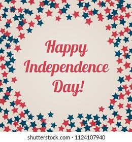 Happy Independence Day banner. 4th of July poster or greeting card. Retro patriotic vector illustration in colors of flag of USA: red, blue and white. Confetti star border frame.