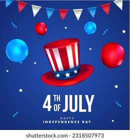 Happy independence day banner with balloons, hat and paper flags. 4th of July 
