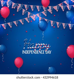 Happy Independence Day banner. Color background with air balloons and with a garland from American flags. American Independence Day celebration poster, vector illustration.