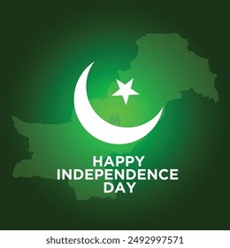 "Happy Independence Day"  banner design with a moon and a star with Pakistan Map on a green gradient background. 
