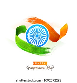 Happy Independence Day, banner, poster or flyer design with Ashoka Chakra. and saffron and  green colour brushstroke on white background. 