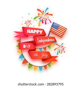 Happy independence day banner. Red ribbon with title. Vector illustration.